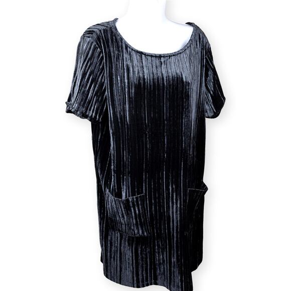 Hannah Black Short Sleeve Ribbed Velvet Shift Dress with Pockets L - Picture 1 of 10